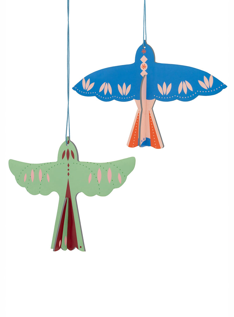 Bring a flutter of Nordic charm indoors with Nordic Birds, a playful pair of 3D ornaments crafted from colourful recycled cardboard.