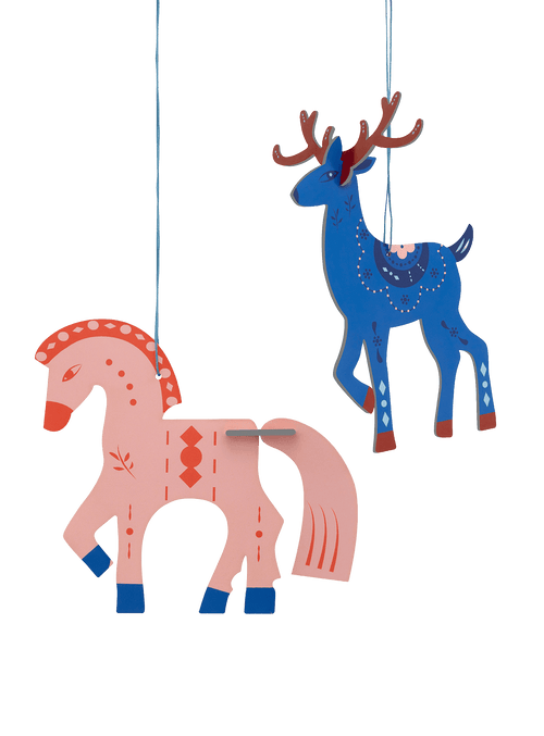 Bring Nordic folk charm to the holidays with The Little Horse & Deer by Studio ROOF, a colourful pair of 3D hanging ornaments made from recycled cardboard.